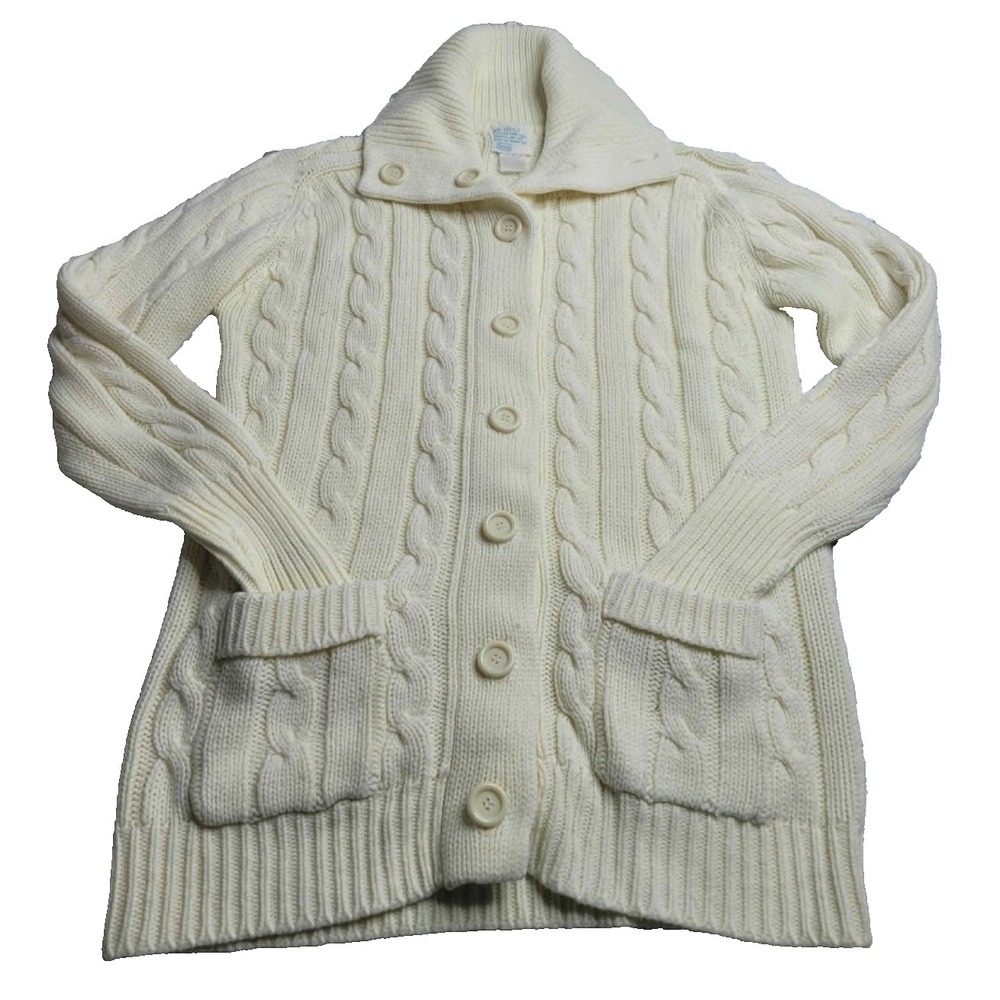 VINTAGE Sears Off‎ White Cable Knit Cardigan Sweater Medium Chunky Warm